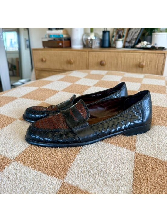 BRAGANO BY COLE HAAN ITALIAN BROWN BLACK BRAIDED LEATHER MENS LOAFERS 10 1/2 main image 6